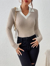 Womens Ribbed Knit Collared Top Cardigan in Basic Stretch Fabric Woman T Shirts