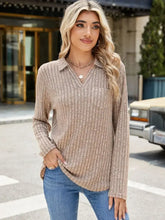 Womens Ribbed Knit Long Sleeve Collared Top with Pocket Woman T Shirts