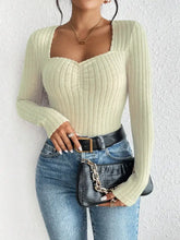 Womens Ribbed Knit Long Sleeve Top Stretchy Polyester Blend Sweater Woman T Shirts