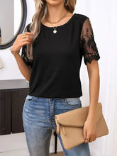 Womens Round Neck Short Sleeve Black Top with Lace Detail Black Woman T Shirts