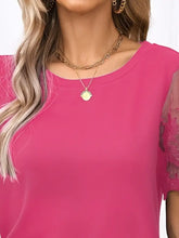 Womens Round Neck Short Sleeve Black Top with Lace Detail Woman T Shirts