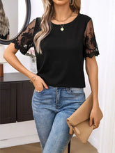 Womens Round Neck Short Sleeve Black Top with Lace Detail Woman T Shirts