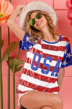 Womens Sequin American Flag Theme Shirt with USA Lettering Woman T Shirts