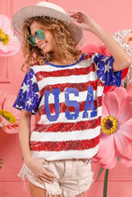 Womens Sequin American Flag Theme Shirt with USA Lettering Woman T Shirts