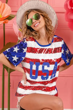 Womens Sequin American Flag Theme Shirt with USA Lettering Woman T Shirts
