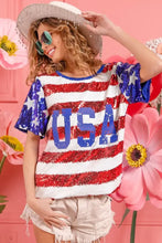 Womens Sequin American Flag Theme Shirt with USA Lettering Woman T Shirts
