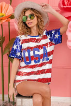 Womens Sequin American Flag Theme Shirt with USA Lettering Woman T Shirts