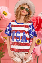 Womens Sequin American Flag Theme Shirt with USA Lettering Woman T Shirts
