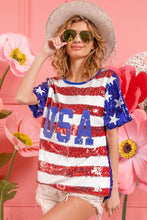 Womens Sequin American Flag Theme Shirt with USA Lettering Woman T Shirts