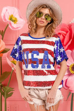 Womens Sequin American Flag Theme Shirt with USA Lettering Woman T Shirts