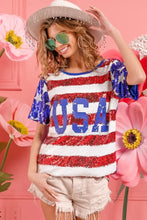 Womens Sequin American Flag Theme Shirt with USA Lettering Woman T Shirts