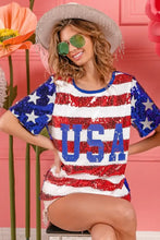 Womens Sequin American Flag Theme Shirt with USA Lettering Woman T Shirts
