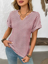 Women's Striped Knit Top in Stretch Polyester Blend Deep Red Woman T Shirts