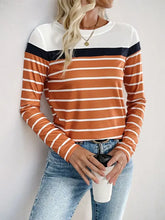 Womens Striped Long Sleeve Shirt Basic Style Moderate Stretch Terracotta Woman T Shirts