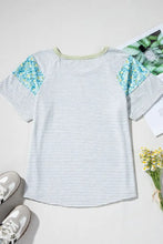 Women's Striped Short Sleeve Shirt with Floral Patterned Shoulders Woman T Shirts