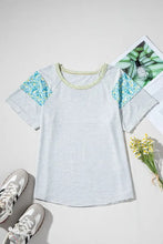 Women's Striped Short Sleeve Shirt with Floral Patterned Shoulders Woman T Shirts