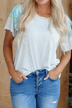 Women's Striped Short Sleeve Shirt with Floral Patterned Shoulders Woman T Shirts