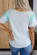 Women's Striped Short Sleeve Shirt with Floral Patterned Shoulders Woman T Shirts