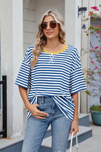Women's Striped Short-Sleeved T-Shirt with Yellow Trim Blue White Woman T Shirts