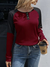 Womens Two Tone Long Sleeve Round Neck Henley Top Burgundy Woman T Shirts