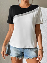 Womens Two Tone Short Sleeve Round Neck Casual Top Black-White Woman T Shirts