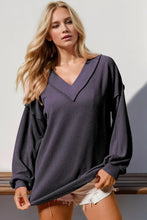 Womens Waffle Knit V Neck Top with Exposed Seam Detail Purple Woman T Shirts