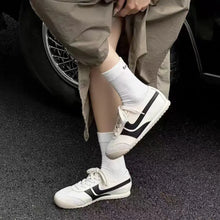 Women's White Athletic Sneakers with Yellow Accents and Black Stripes Black Woman Athletic Shoes