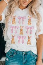Womens White Bunny and Bow Pattern T Shirt with Green Purse Woman T Shirts