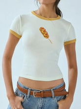 Womens White Ringer T Shirt with Corn Dog Graphic Cream Woman T Shirts