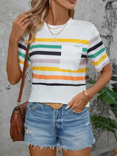 Women's White Striped Short Sleeve T-Shirt with Pocket White Woman T Shirts