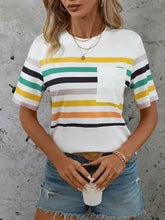 Women's White Striped Short Sleeve T-Shirt with Pocket Woman T Shirts