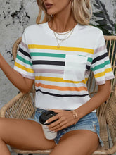Women's White Striped Short Sleeve T-Shirt with Pocket Woman T Shirts