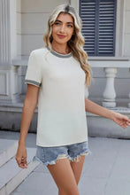 Womens White Striped Trim Textured Knit T Shirt Woman T Shirts