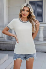 Womens White Striped Trim Textured Knit T Shirt Woman T Shirts