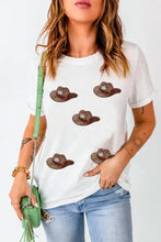Womens White T Shirt with Cowboy Hat Sequin Pattern Woman T Shirts