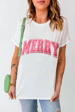 Womens White T Shirt with Pink Merry Lettering White Woman T Shirts