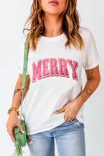 Womens White T Shirt with Pink Merry Lettering Woman T Shirts