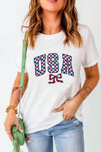 Womens White USA Bow Design T Shirt with Green Purse Woman T Shirts