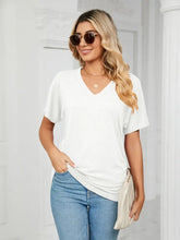 Womens White V Neck Short Sleeve T Shirt Rayon Blend Woman T Shirts