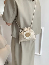 Woven Drawstring Purse with Floral Embellishment White One Size Shoulder Bags