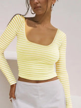 Yellow and White Striped Long Sleeve Women's Top Woman T Shirts