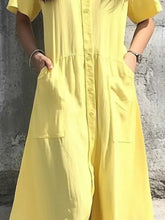 Yellow Button Down Midi Dress with Pockets Casual Dresses