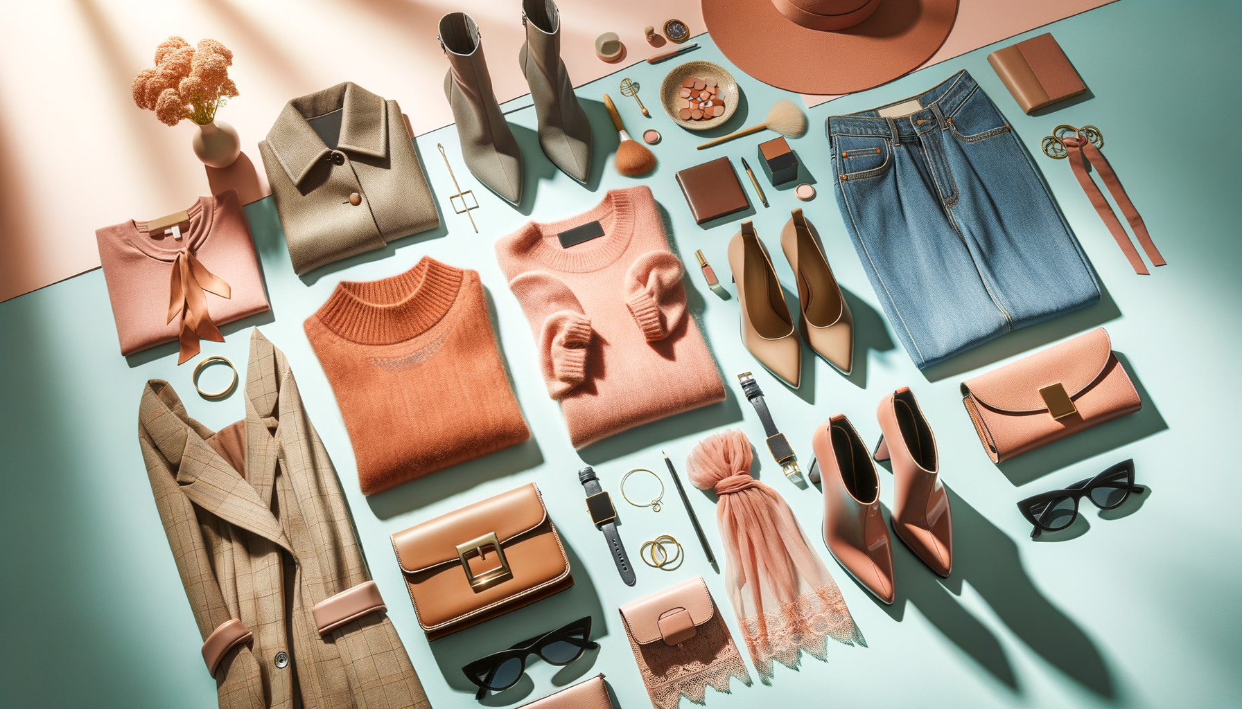 colorful women’s fashion items arranged on a pastel background with soft daylight