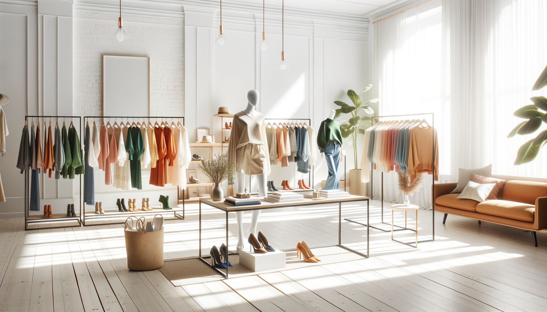 colorful women’s fashion items arranged in a bright, modern studio with soft light