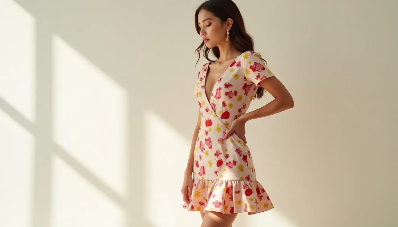 Yellow floral mini dress with ruffled hem and short sleeves showcasing captivating abstract floral design