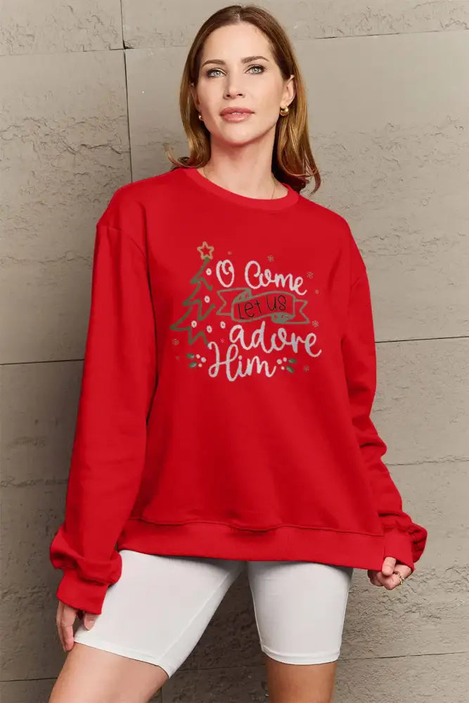 Hipomarket Simply Love red Christmas sweatshirt with O Come Let Us Adore Him gold foil print and tree design