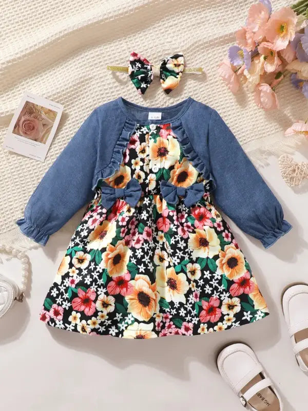 Charming floral baby dress with denim top and sunflower skirt