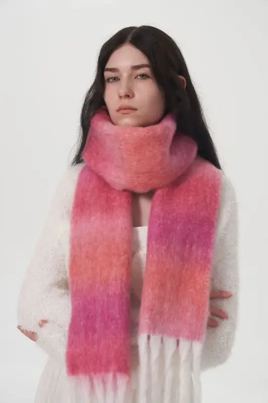 Elegant gradient thermal scarf in pink and coral with fuzzy texture