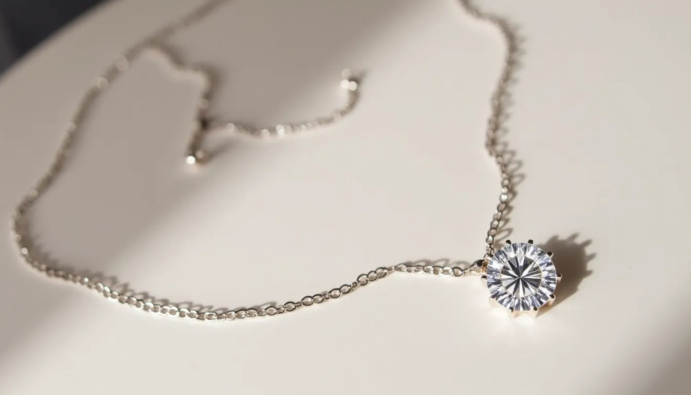 Silver chain necklace with round-cut moissanite pendant, 1 carat moissanite necklace