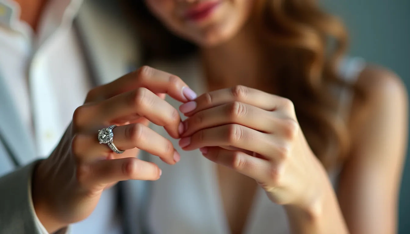Woman’s hand with a diamond engagement ring featuring a pavé band in sterling silver jewelry